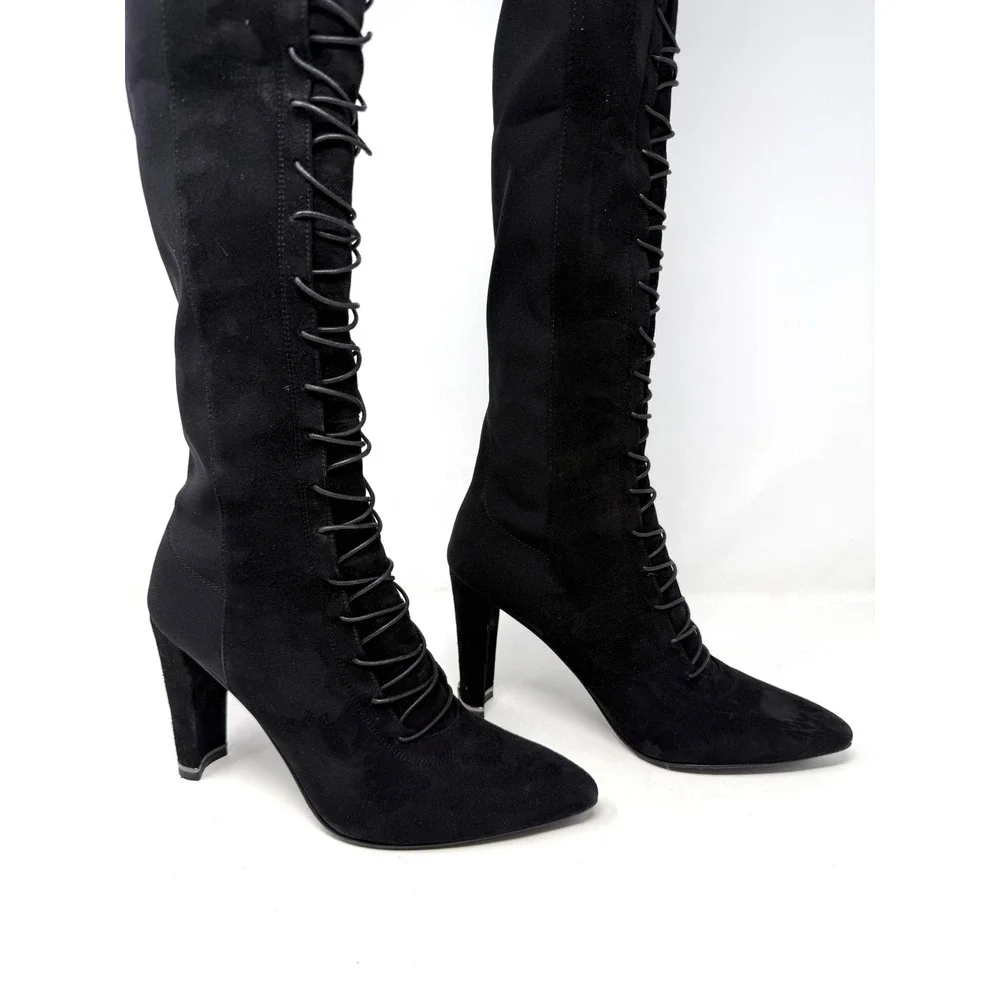 Stuart Weitzman Black Suede Lace Up Knee High Block Heel Boots 8M 51359